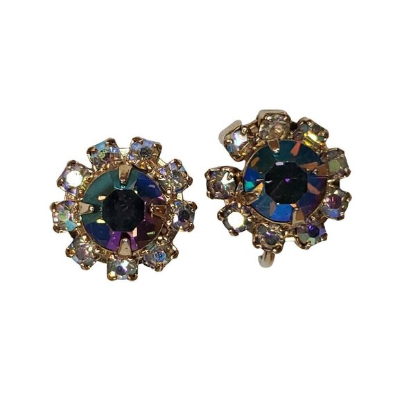 Vintage Aurora Borealis Rhinestone Screw Back Earrings Blue Clear Floral 5/8" - Picture 1 of 5